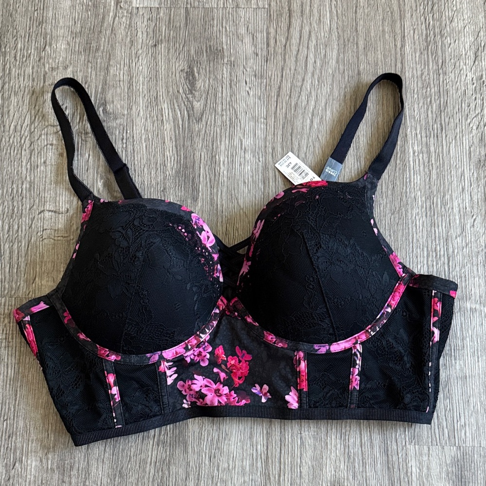 Torrid Black Bra with Pink Floral Lace